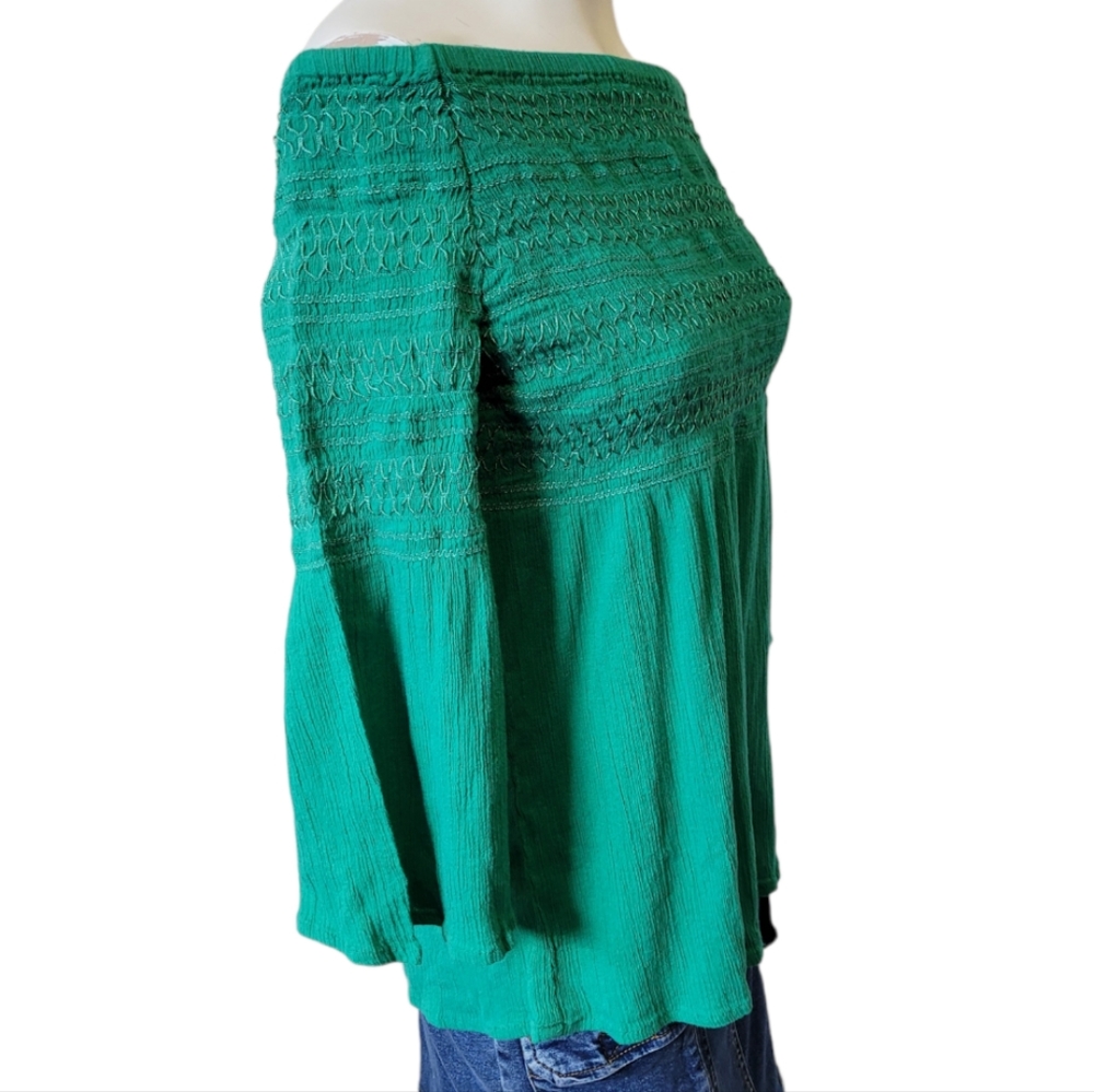 BEACH Lunch Lounge medium green Smocked Off Shoulder Cotton Crinkle Blouse Top